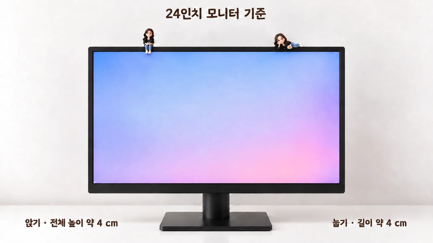 24인치 모니터 위에 배치한 작은 앉기·눕기 피규어의 크기감