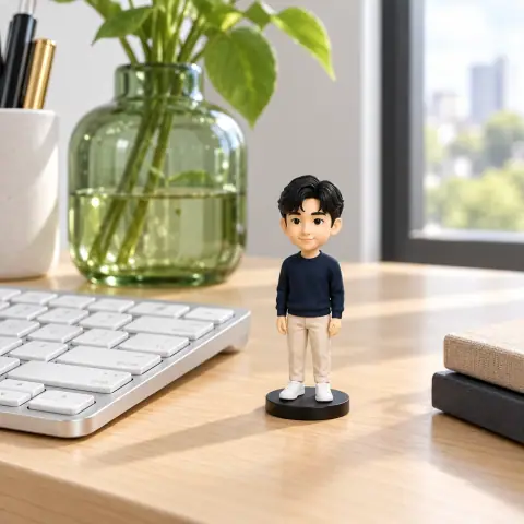 귀여운 인물 데스크탑 피규어 · 새 직장 책상 · AI 연출 이미지